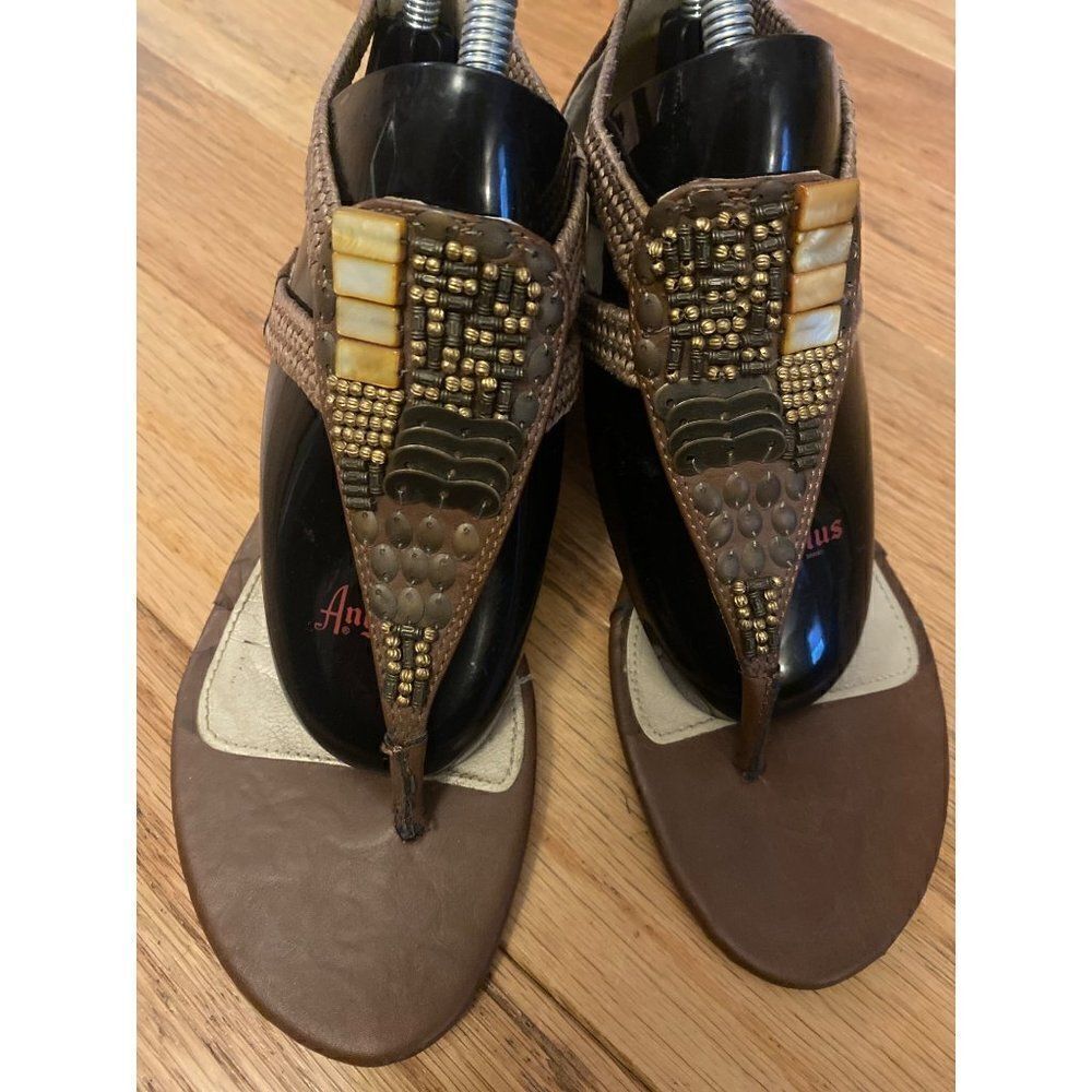 Mia women’s brown beaded Greek slip on open toed low wedge sandal size 6.5